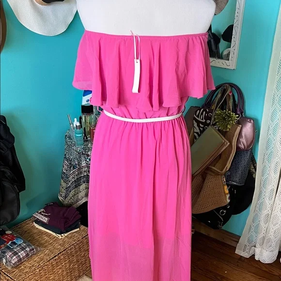 Elegant Pink Off-Shoulder High-Low Dress - Picture 4 of 4